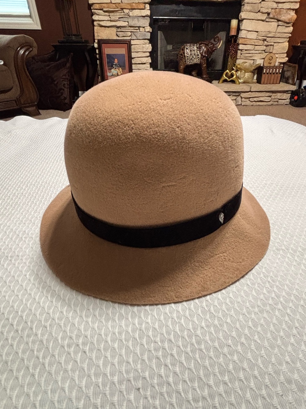 Helen Kaminski Tan Cloche Hat with Black Band